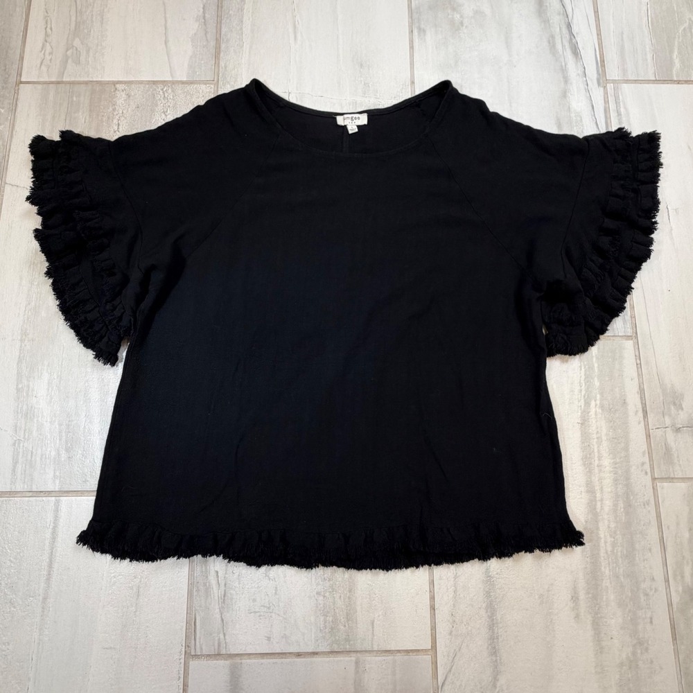 Umgee USA Black Linen Blend Fringed Ruffle Sleeve Boho Top C1955 Large